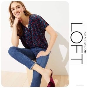 LOFT Blue Floral Velour Blouse Top S